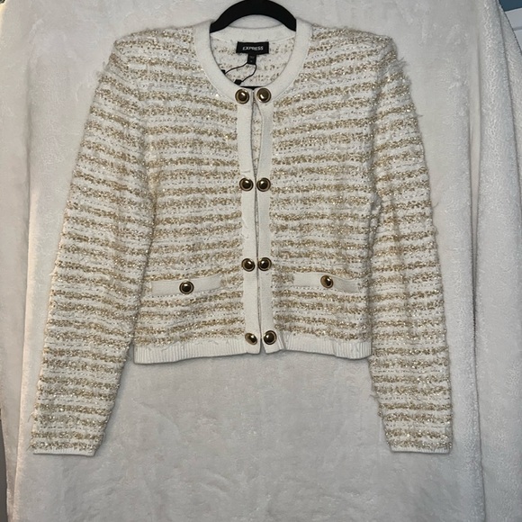 Express white and gold metallic button front sweater - Picture 4 of 6